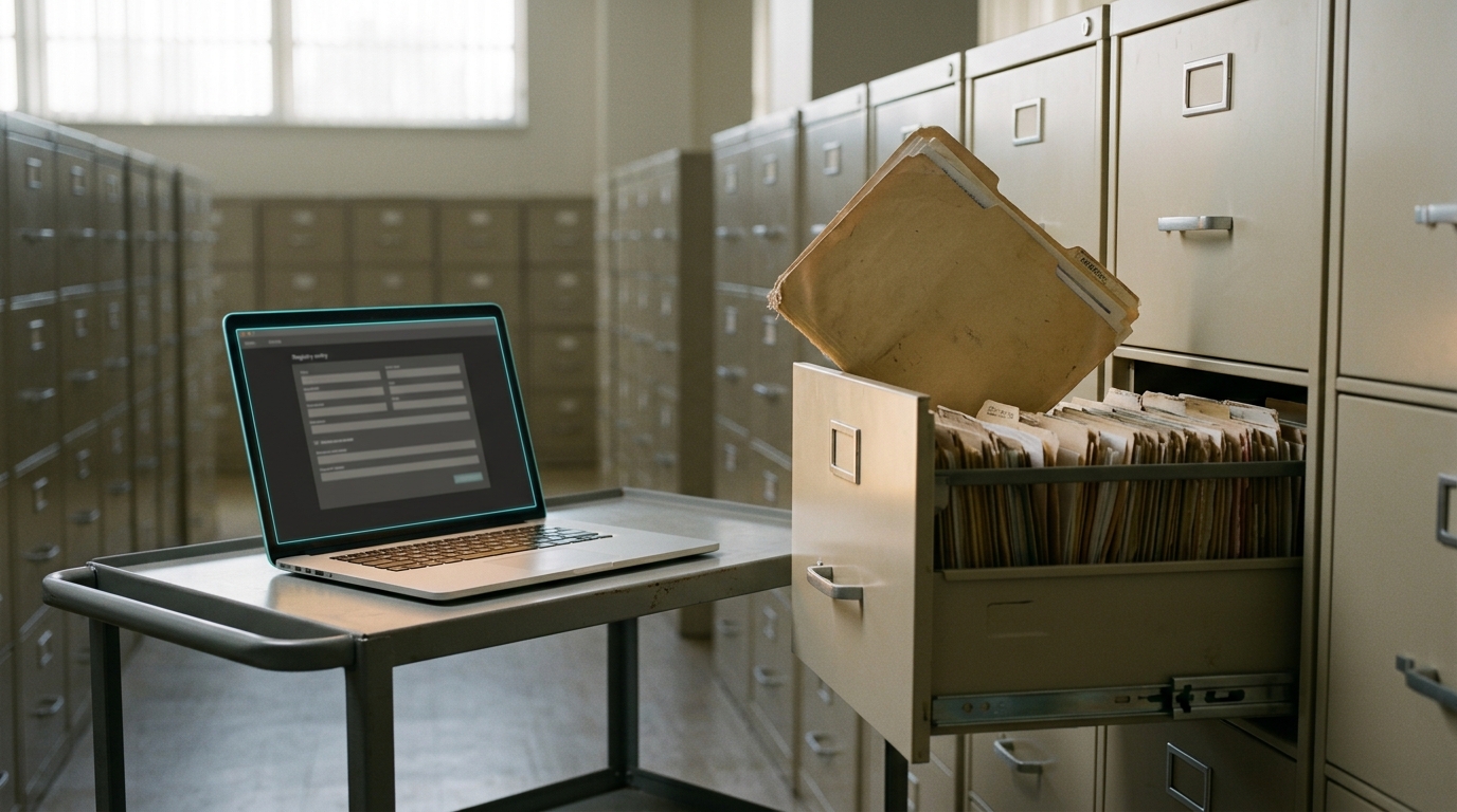 A records room mid-migration, a paper case file half-slid from its drawer beside an open laptop showing a matching digital registry entry