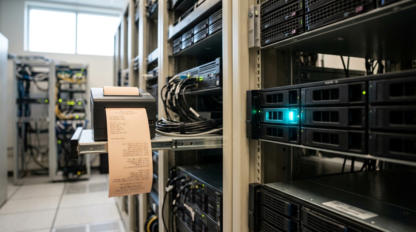 A de-duplication matching server rack in a data room, one drive bay's activity light still cycling mid-match against a printed exception list