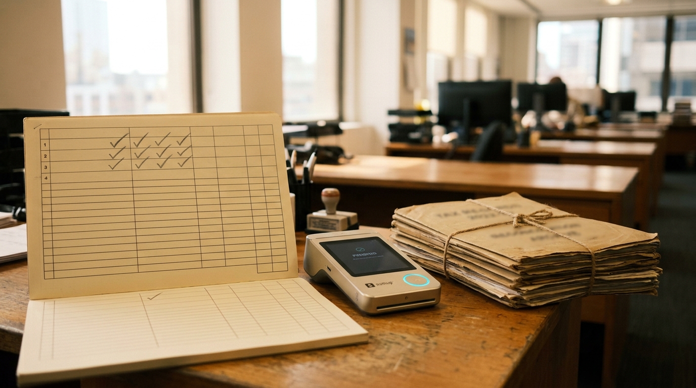 A tax-office reconciliation desk with a printed ledger sheet half-checked against a digital-payments terminal screen, one column still unmarked