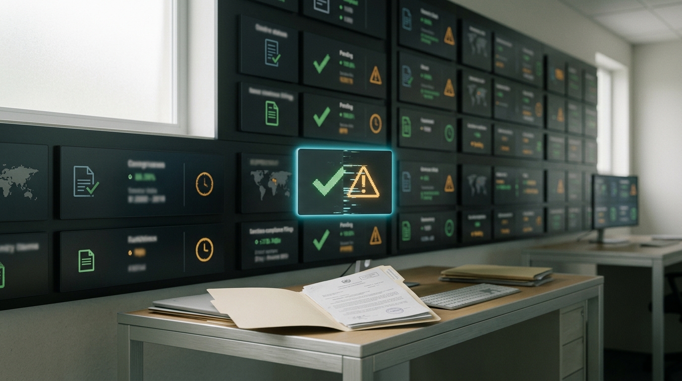 A treaty-monitoring control room wall screen tracking ratification and sanctions-compliance filings, one status tile still mid-refresh