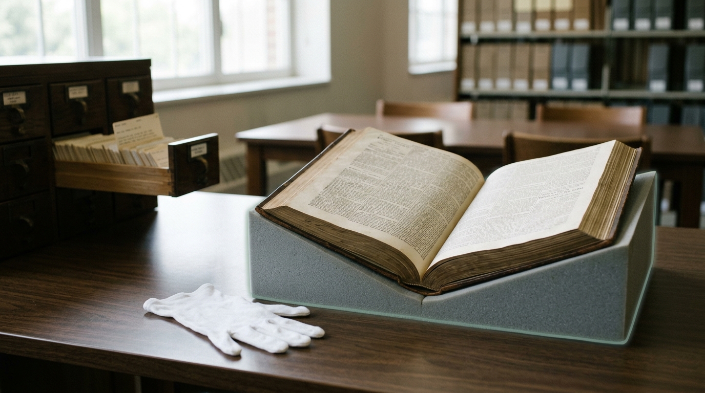 An archival reading room table with a bound gazette volume held open by a foam cradle, a white cotton glove resting beside it, unworn