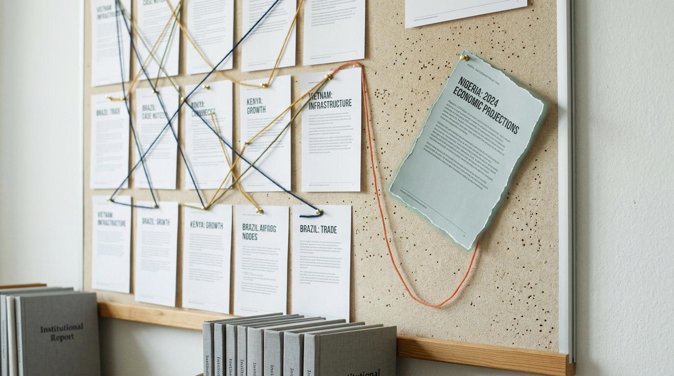 A corkboard with printed country case sheets connected by wool yarn, one sheet held by a single pin and tilting away from the board