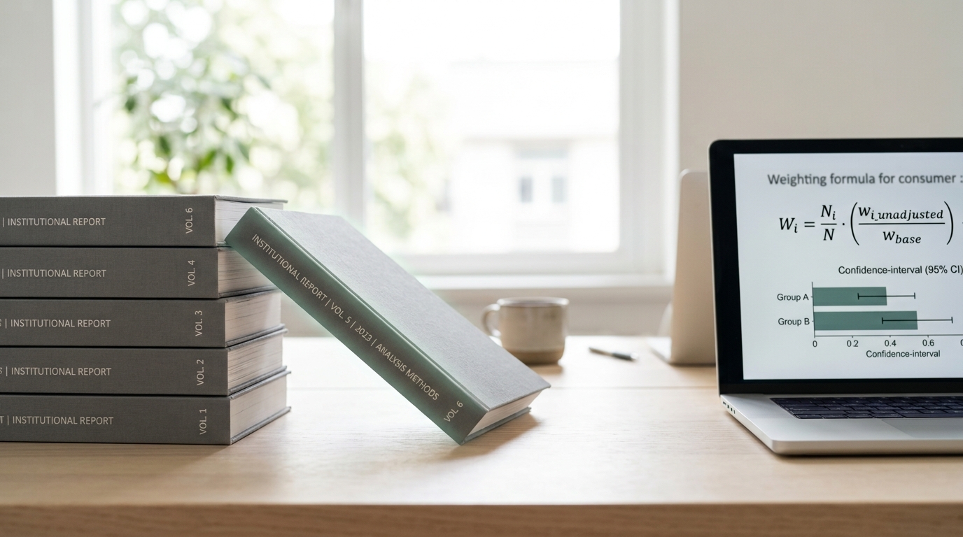 Grey-cover institutional report volumes stacked beside an open laptop showing a weighting formula, one volume sliding slightly out of the stack