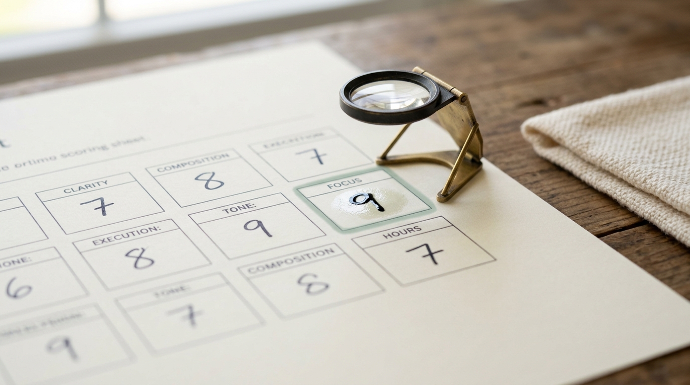 A printed sub-indicator scoring sheet with a dozen small category boxes, one box's ink still wet and glistening under a loupe