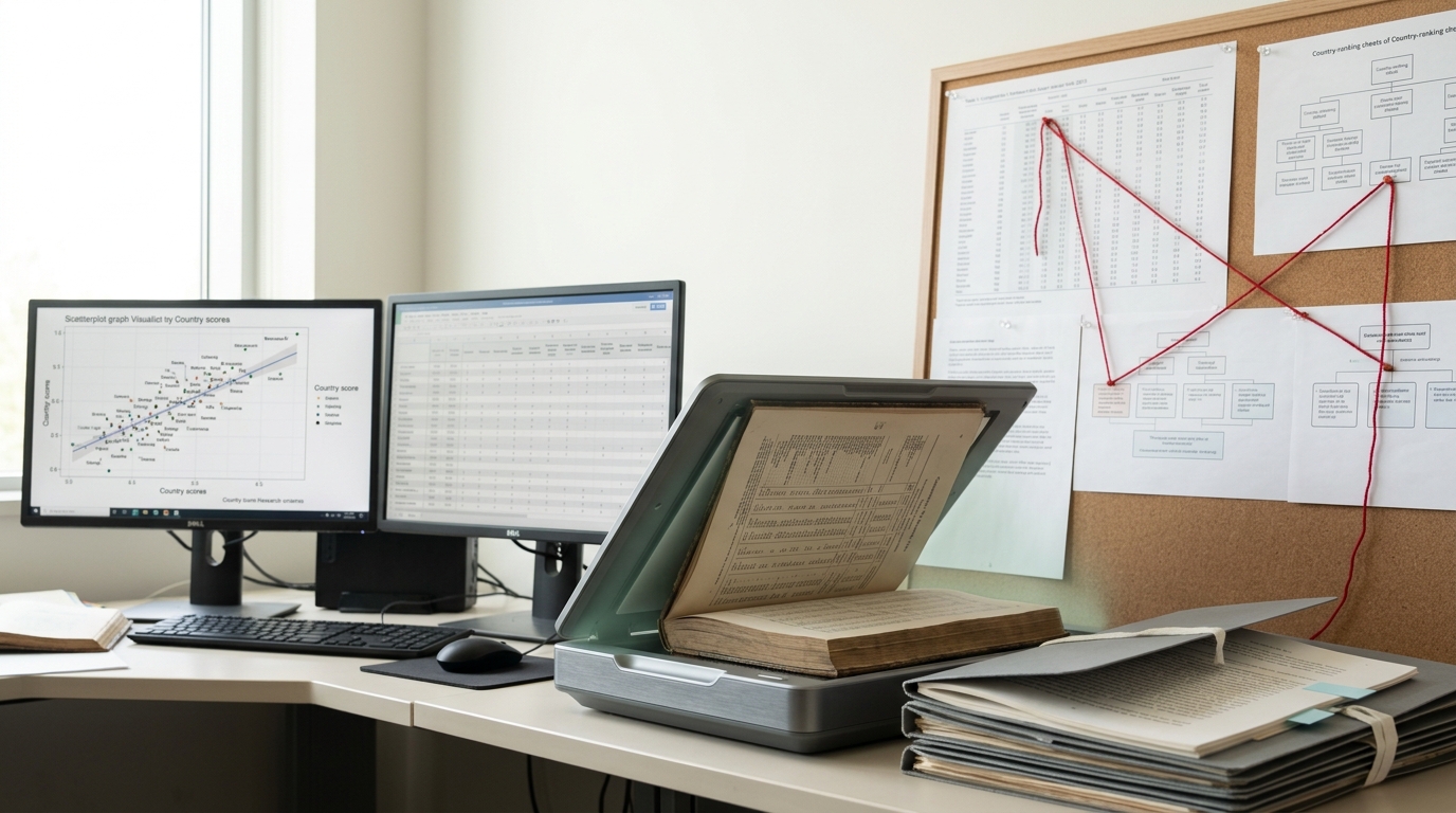 A research desk with a dual-monitor workstation showing a scatterplot and case matrix, archival tax-ledger folders stacked beside a raised microfilm-scanner lid, caught mid-scan