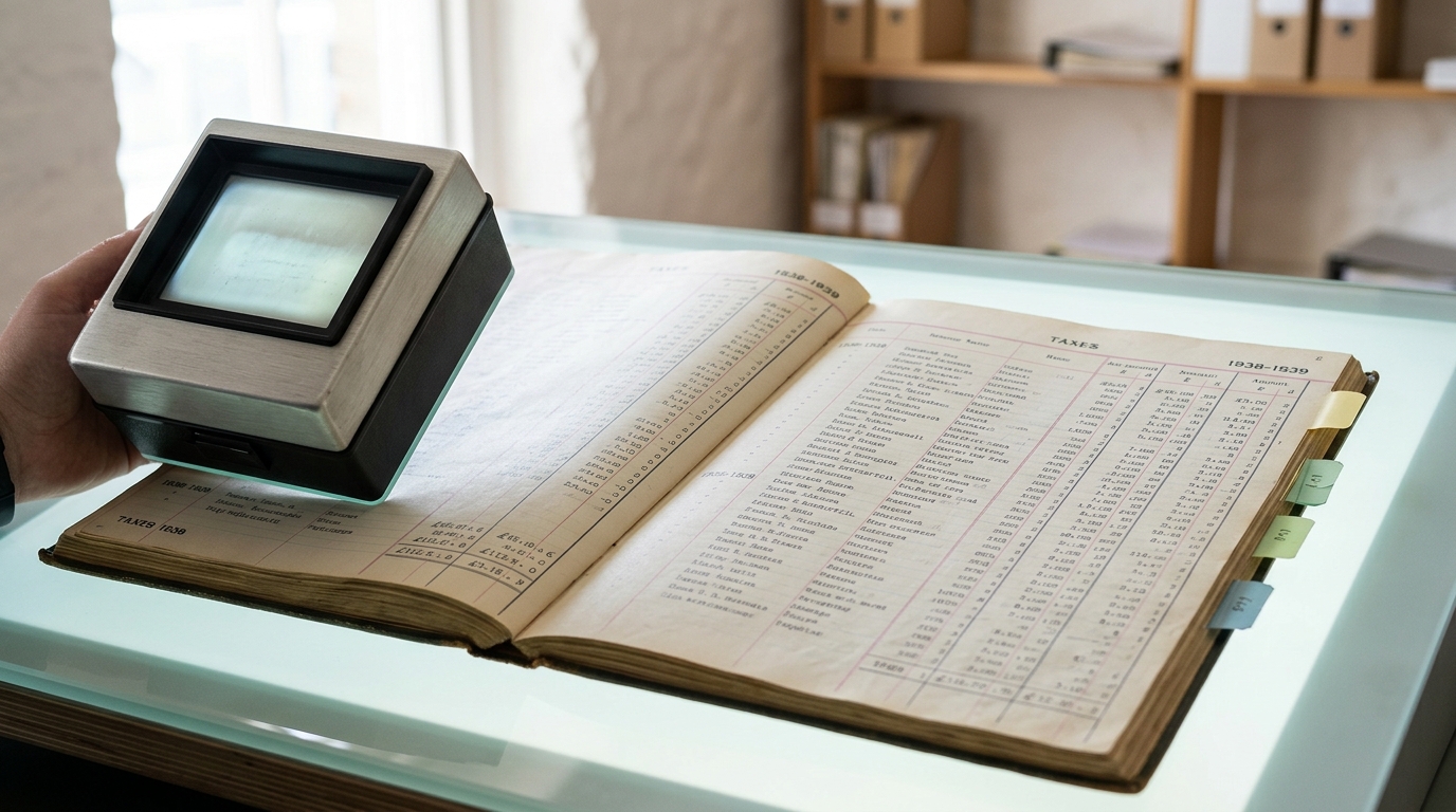 A bound historical tax ledger open under a light table with a hand-held microfilm reader box angled over one column of figures
