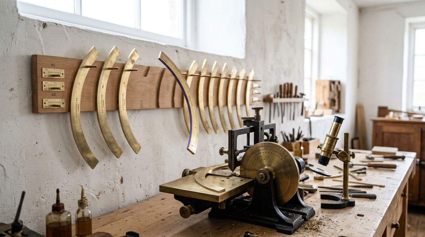 A wall rack of finished graduated brass arcs above a workbench, one freshly divided limb caught tilted in mid-air short of its empty slot, with an undivided blank still lying on the engine's clamping plate below
