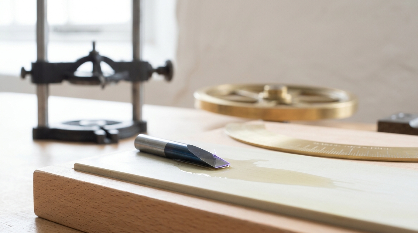 A short hardened steel cutter lying on a pale honing slip bedded in a beech block, a thin slick of oil still spreading from its point and a bright hairline burr standing on the edge, a signed graduated arc lying out of focus beyond the stone