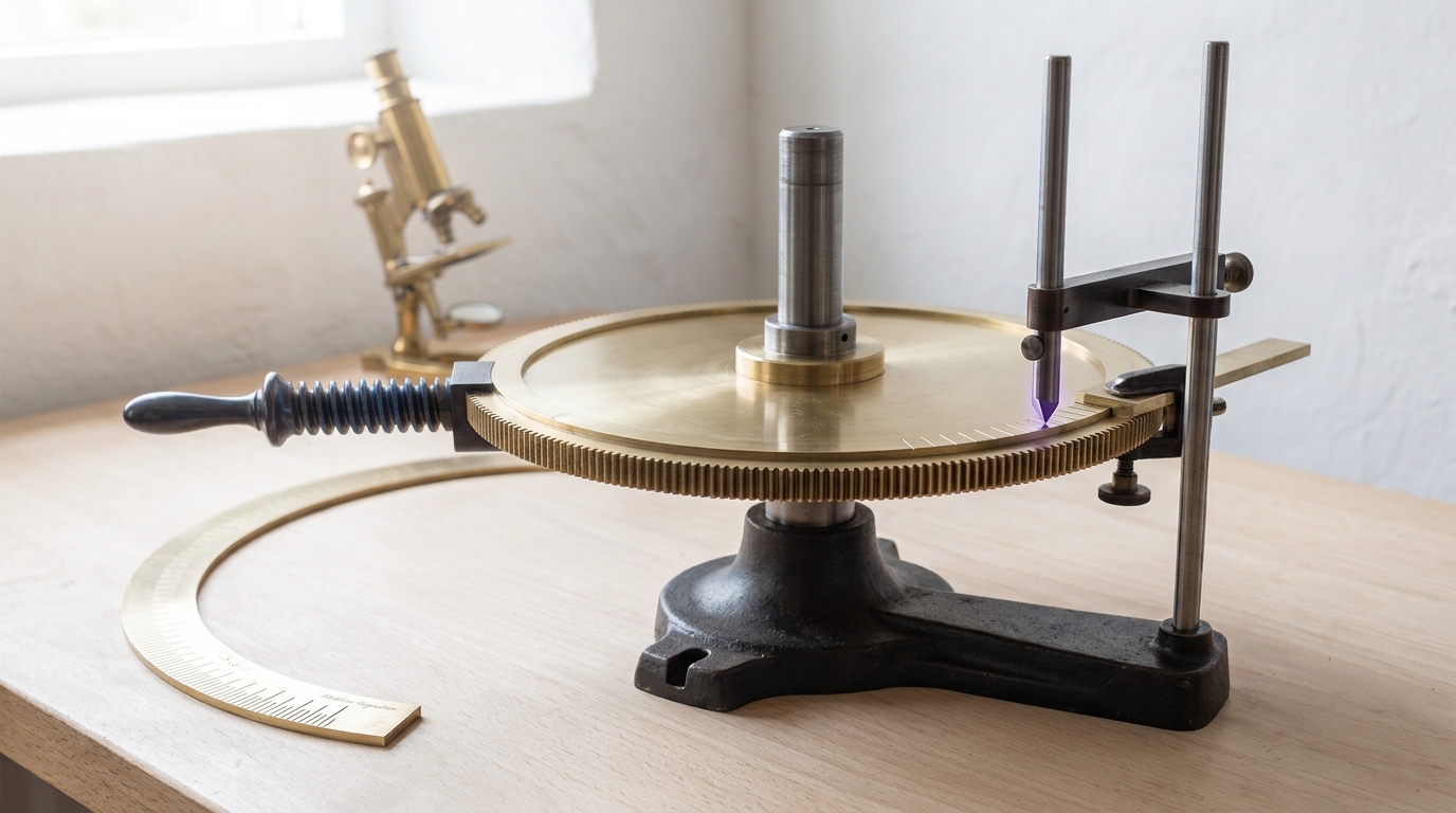 A large brass dividing wheel on a cast-iron base in a bright workshop, with a slim cutting frame caught part-way down a single division stroke on a brass limb clamped to the plate, fresh graduations stepping away behind the cutter and plain arc still ahead of it