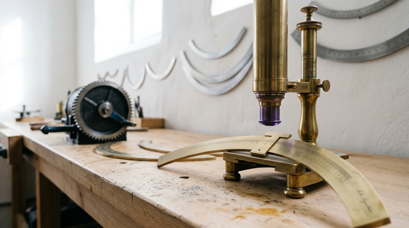 A brass reading microscope on a stand at the end of a workbench, its body tube part-way down its focusing rack above a divided brass limb, a vernier plate slid along the graduated arc with its index standing between two division strokes and the focus not yet found