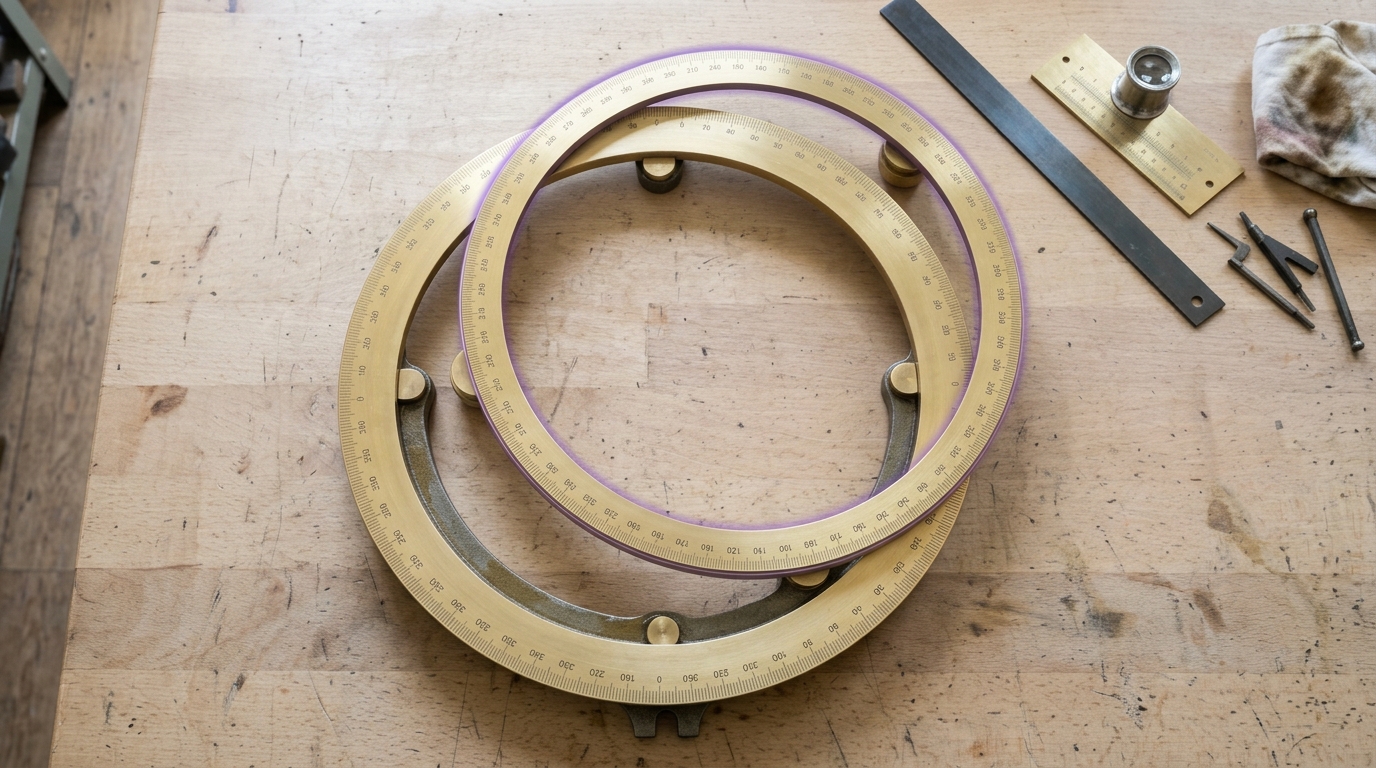 Seen from directly above, a second graduated brass circle lowered onto the dividing engine's divided master wheel and still standing clear on three small pads, the two rings of division marks running out of step across an open crescent of daylight