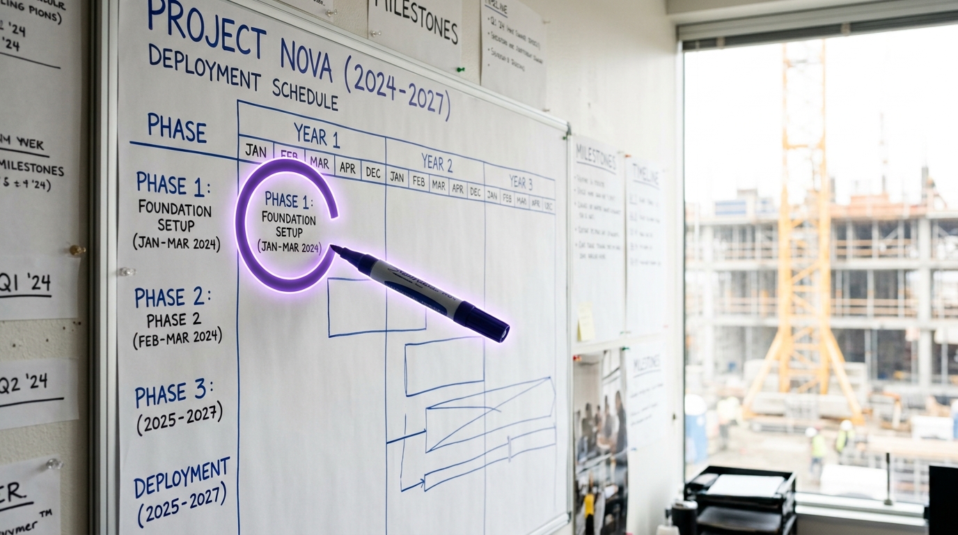 A wall calendar in a bright foundry customer-engagement room with a commitment window marked across several months, today's date caught inside the marked span with the rest of the window still ahead