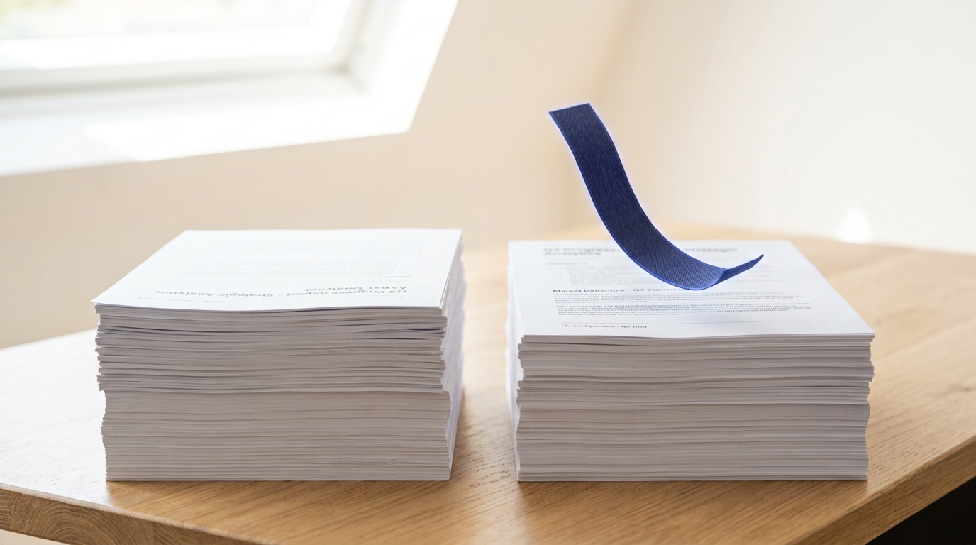 Two stacks of printed reports on a bright desk, deliberately equal in height, a hand-free bookmark ribbon caught settling onto the top of one stack, mid-fall rather than resting
