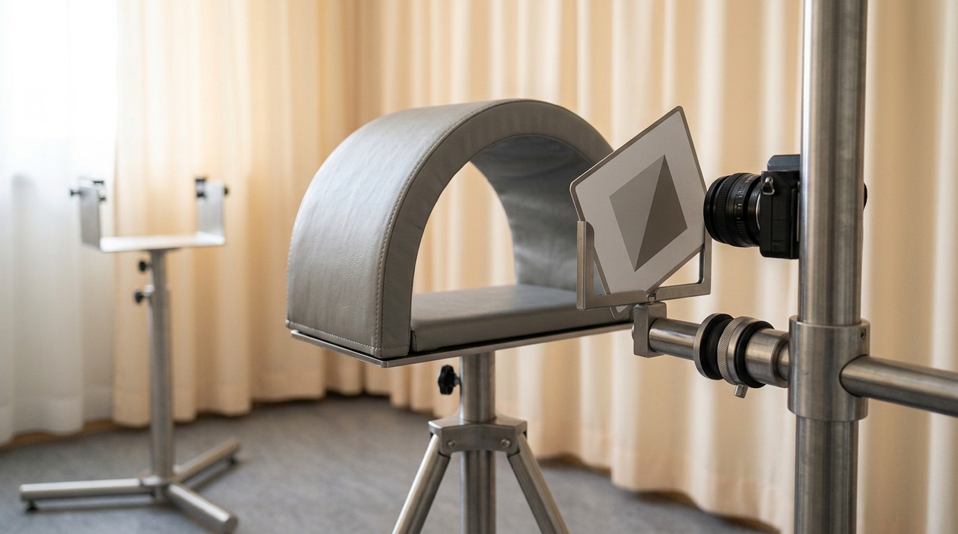 A habituation-stage infant eye-tracker mount in a bright testing alcove, its camera boom caught mid-lower and a blank fixation-target card only halfway seated in its holder with one corner still lifted
