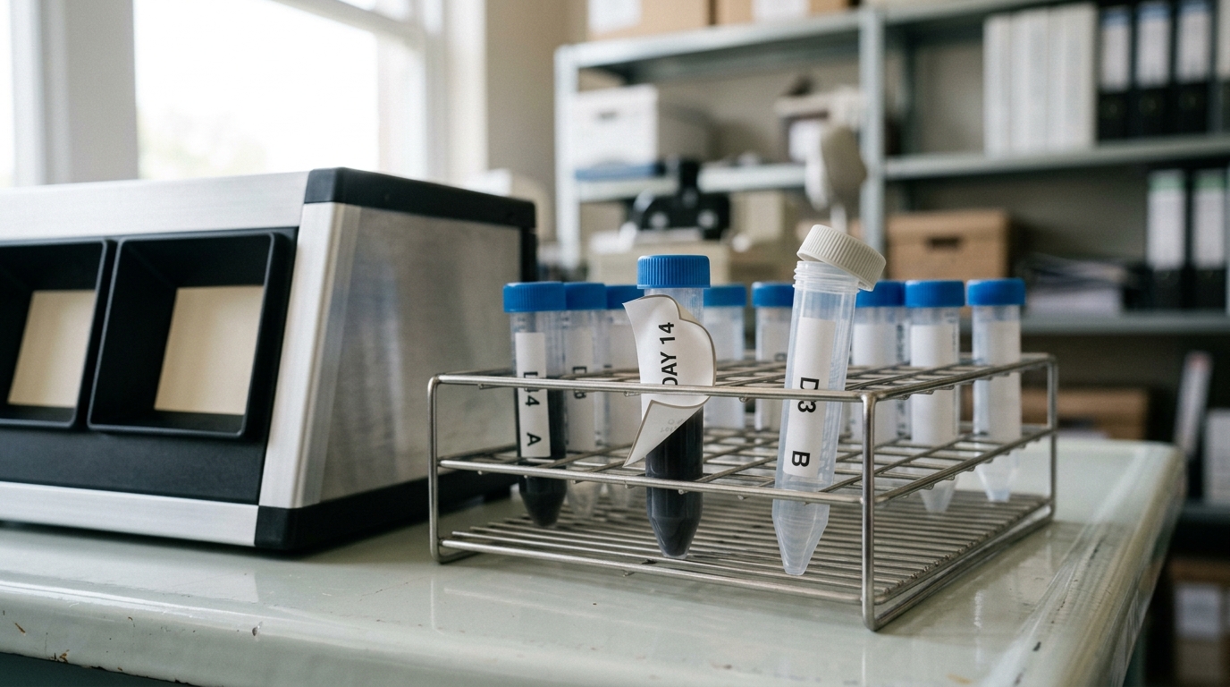 A laboratory rack of saliva-assay sample tubes on a bright bench beside a forced-choice photo-viewing booth, one tube's cycle-day label curling up half-affixed and an adjacent tube standing empty with its cap resting loose on top