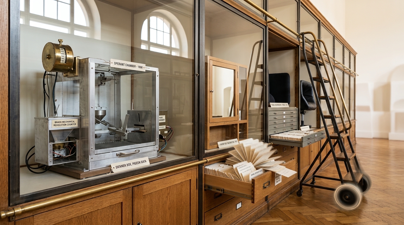 A tall bank of open oak-and-glass specimen cabinets in a bright archive room holding a receding row of comparative-psychology testing apparatus, with a wheeled library ladder caught mid-roll along the row and a nearby drawer pulled only halfway out with its index cards fanned