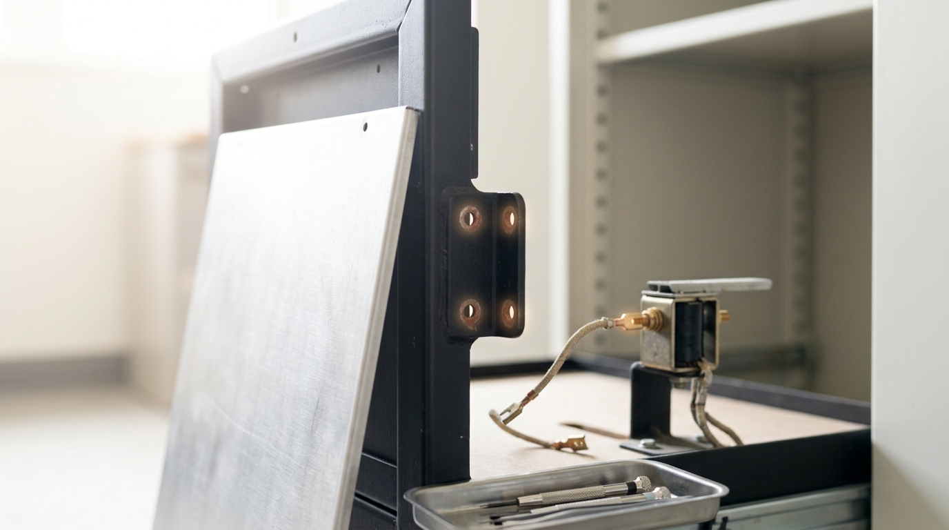 An operant conditioning chamber pulled from its cabinet with its side access panel removed, a wired response lever's connector caught only half-seated on its terminal beside a second, empty mounting bracket cast into the same frame but never fitted with a lever