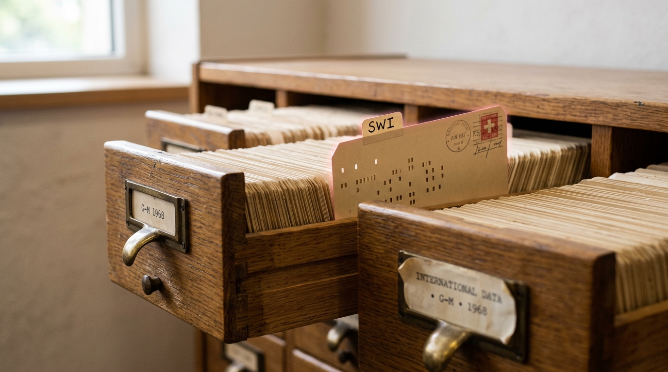 An open flat-file drawer of stimulus card sets for cross-cultural forced-choice testing, blank card backs standing on edge in dividers, one card pulled half out of its kraft-paper sleeve