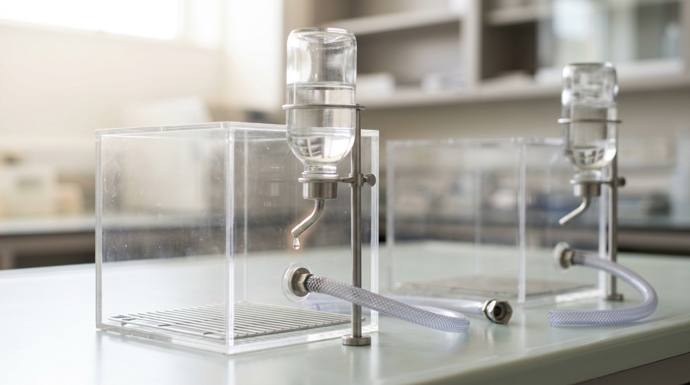 A paired conditioned-taste-aversion testing rig on a bright bench, a single drop hanging unfallen from the near chamber's drip-bottle spout while the far chamber's tubing coupling sits open and disconnected