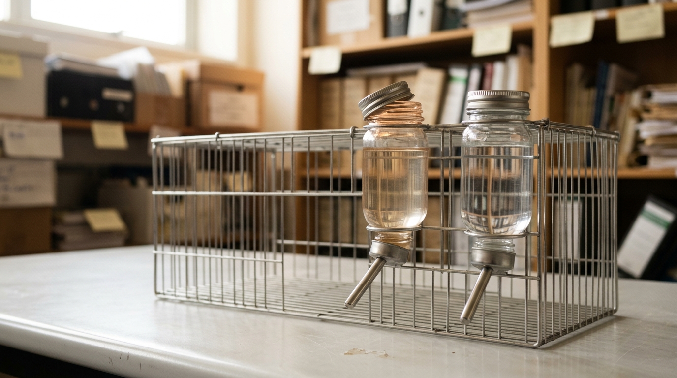 An empty two-bottle preference-test cage on a bench, a tinted bottle's cap caught only part-threaded and crooked while the matched clear bottle beside it sits fully capped and ready