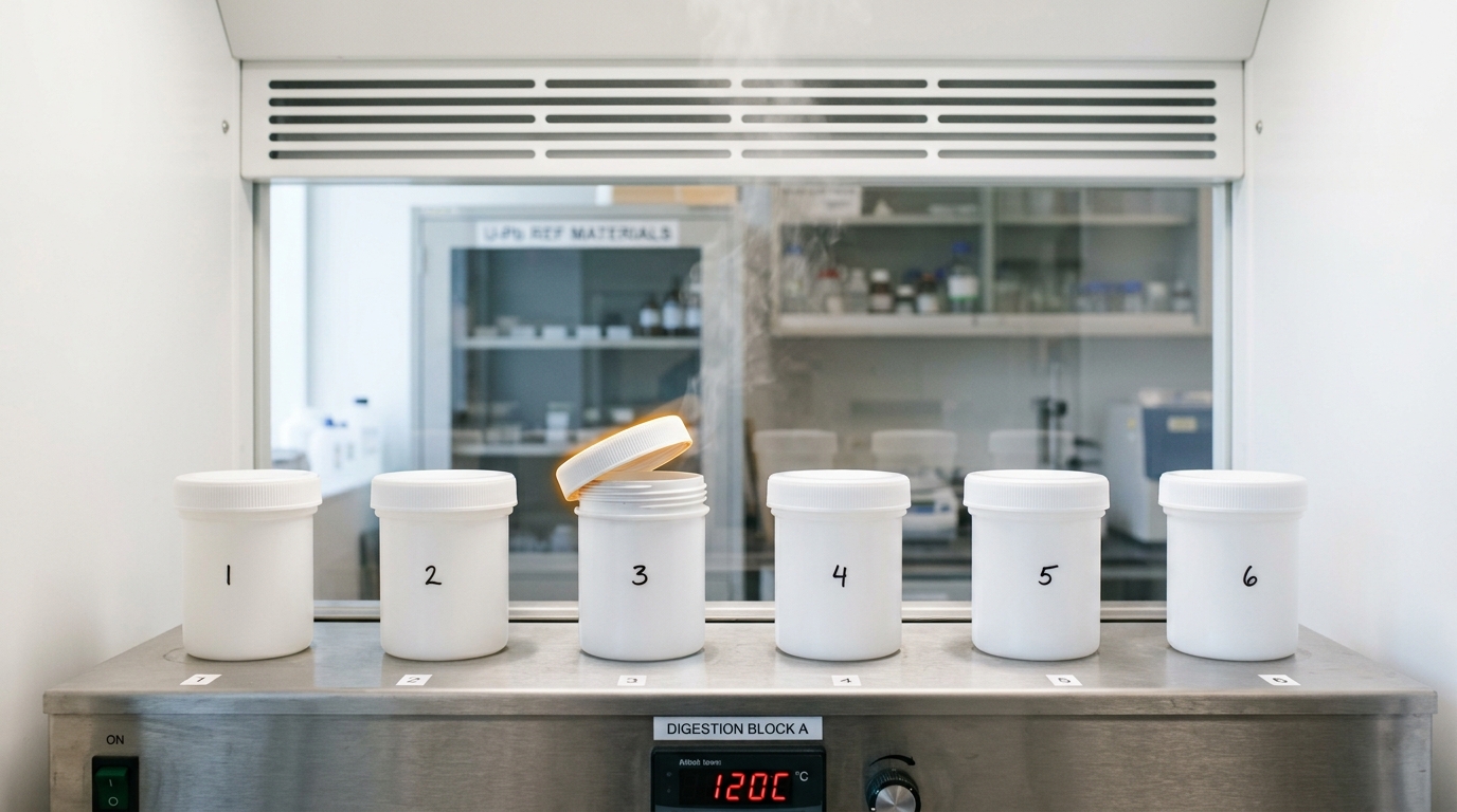 A row of Teflon dissolution vessels inside an acid-digestion clean hood, one vessel's lid still being threaded down while the others sit sealed and warming
