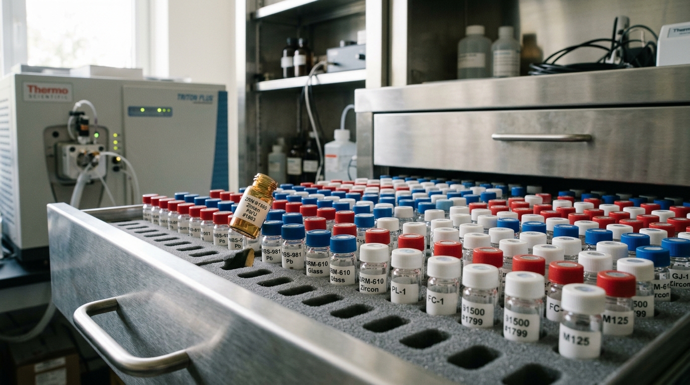 An open drawer of isotopic reference-standard vials in a geochronology lab's standards cabinet, one vial pulled halfway out of its slot