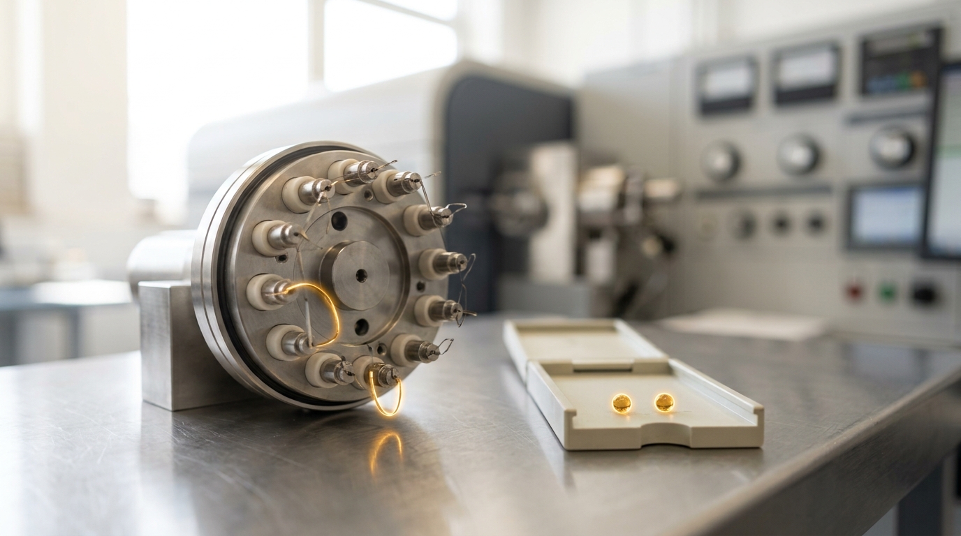 A thermal-ionization mass spectrometer's open sample turret on a stainless bench, most filament posts loaded with hair-thin ribbons and one post still bare beside two unmounted sample beads