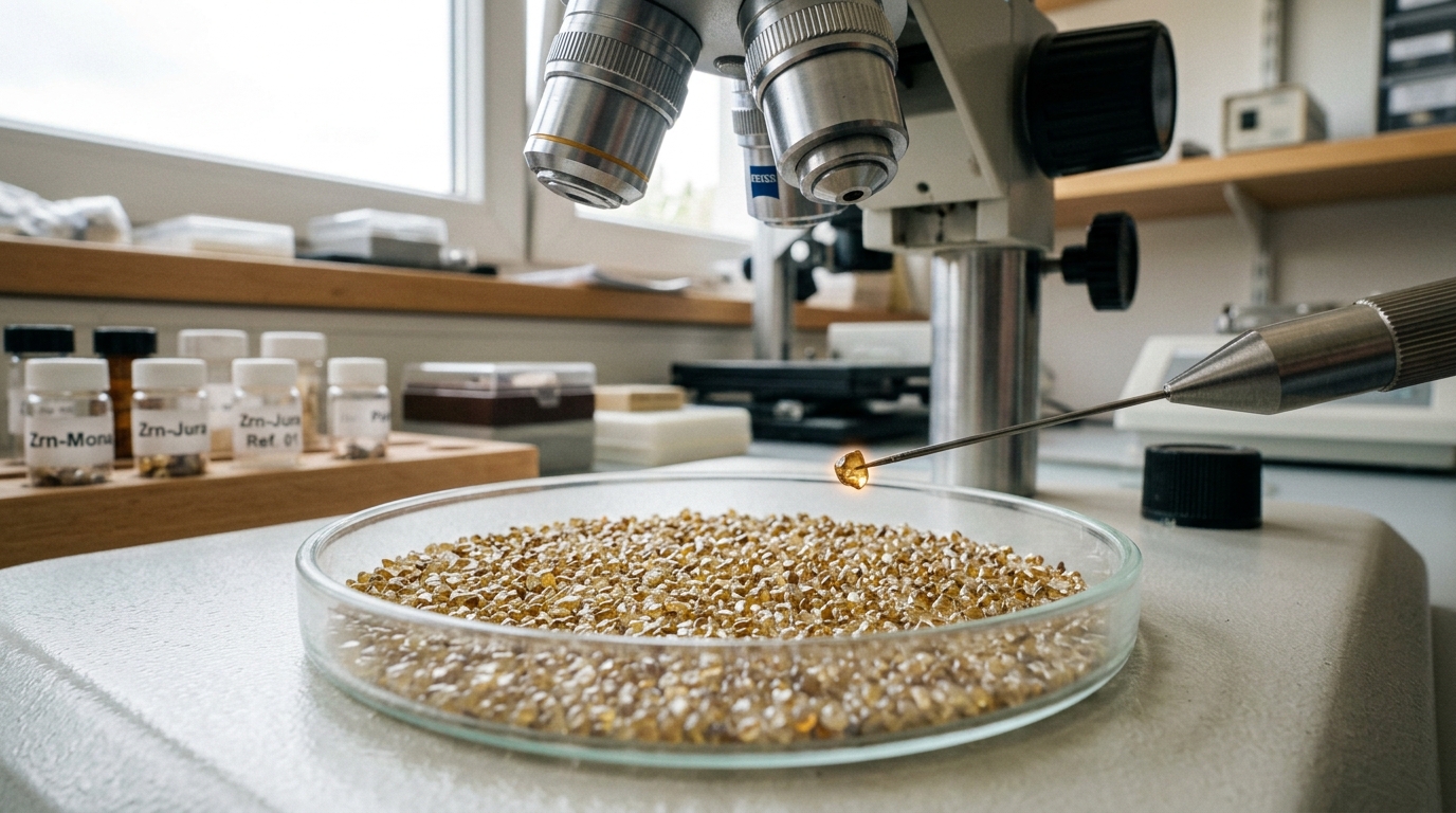 A zircon-picking station under a binocular microscope, a fine probe isolating one translucent amber grain from a scattered tray of hundreds of grains