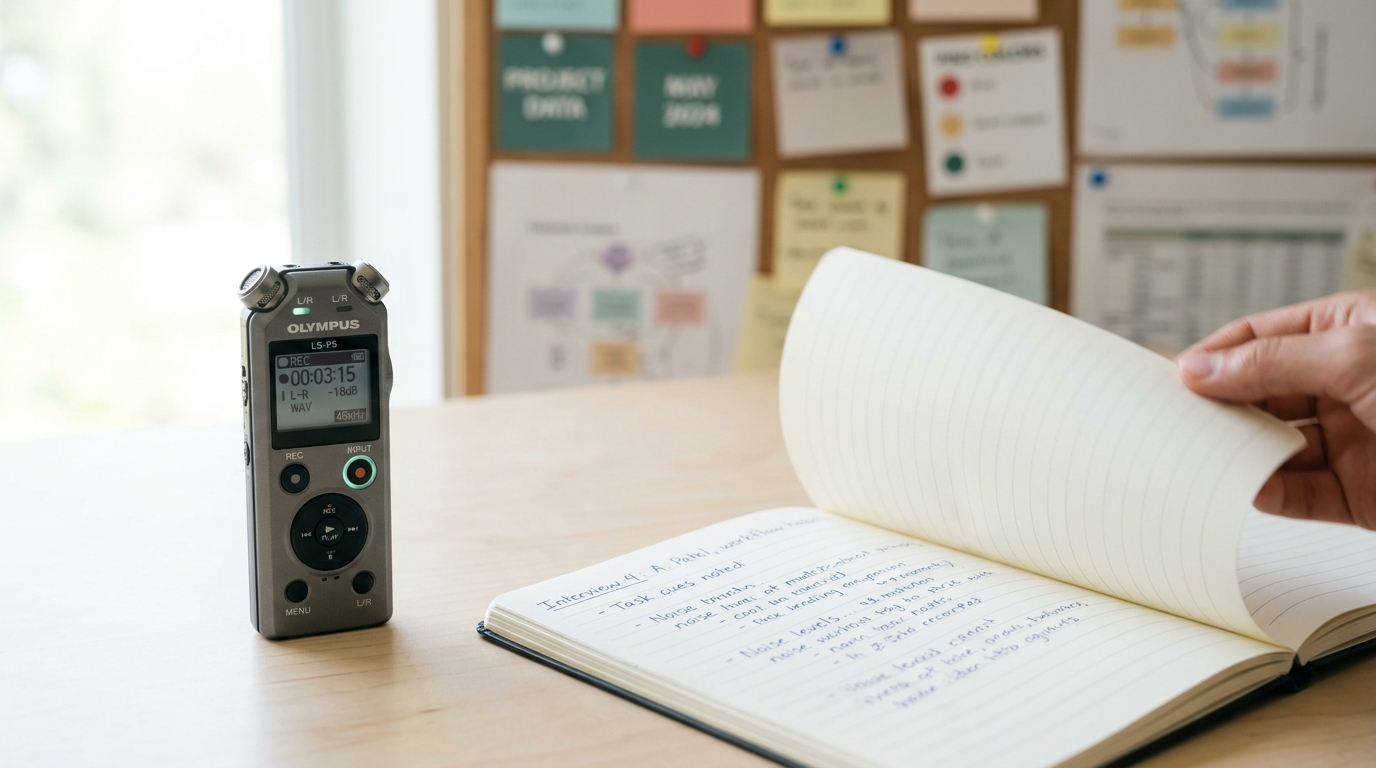 A small tabletop audio recorder on a worktable with its input level indicator caught mid-flicker, beside an open field-observation notebook