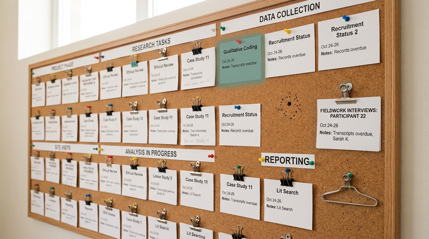 A wall-mounted corkboard job-classification chart with printed task cards pinned in a grid, one card caught being re-pinned into a new row