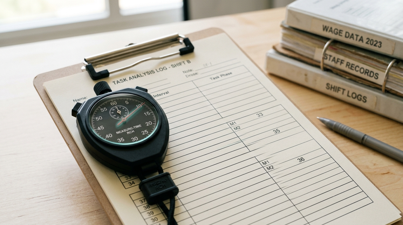 A time-and-motion stopwatch clipped to a clipboard survey form on a worktable, its second hand caught mid-sweep past a marked interval line