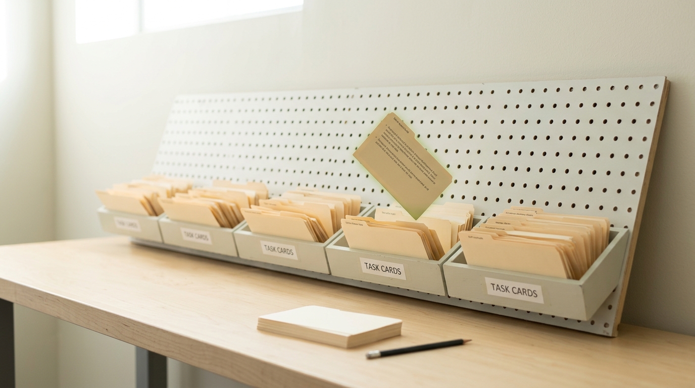 A worktable covered in printed occupational task cards mid-sort into labeled trays, one card still held above the tray as if being placed, beside a laptop showing an occupational taxonomy tree