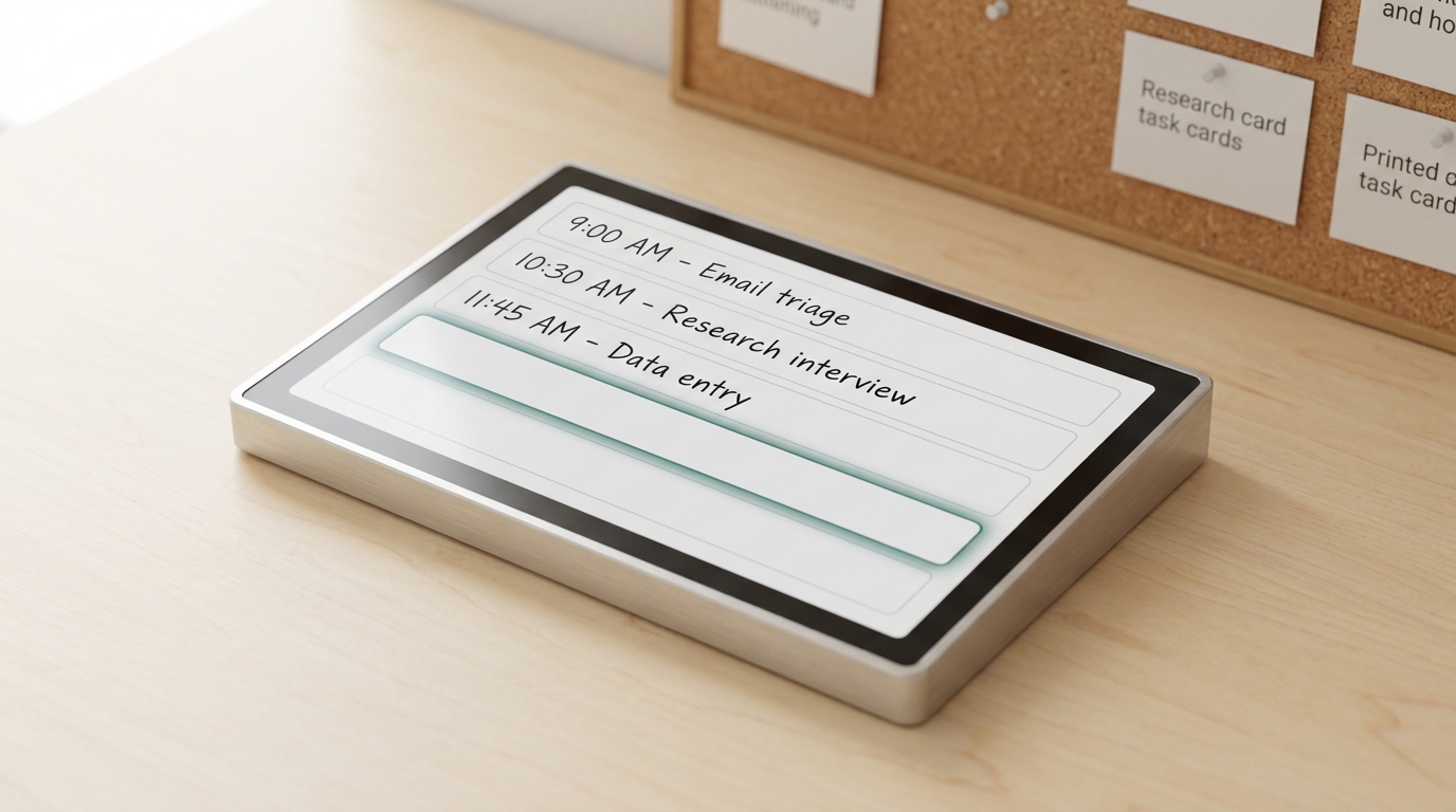 A boxy digital time-use diary tablet on a worktable with a partly filled activity log, one entry row caught being highlighted for input