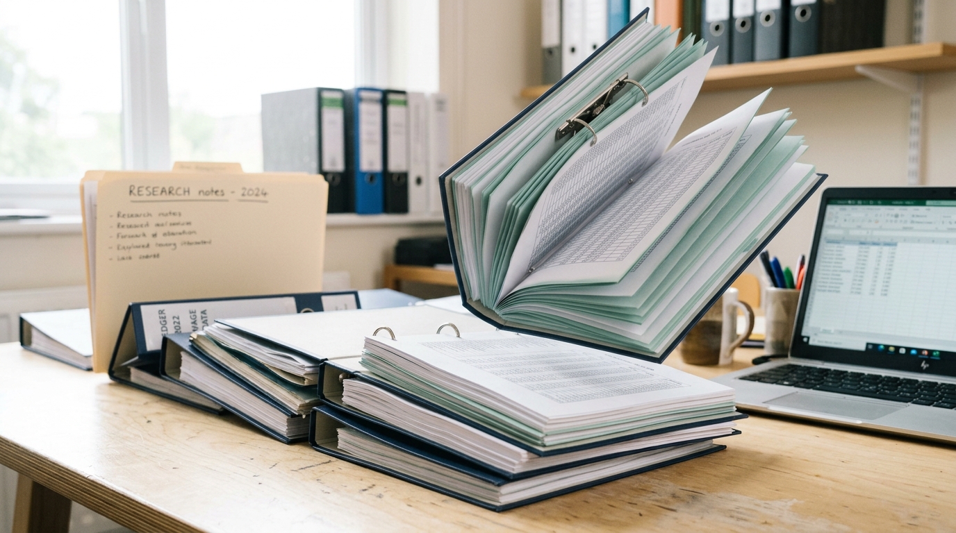 A stack of ring-bound wage ledger printouts on a worktable, the top binder caught half-open as if being set down, pages fanned mid-fall