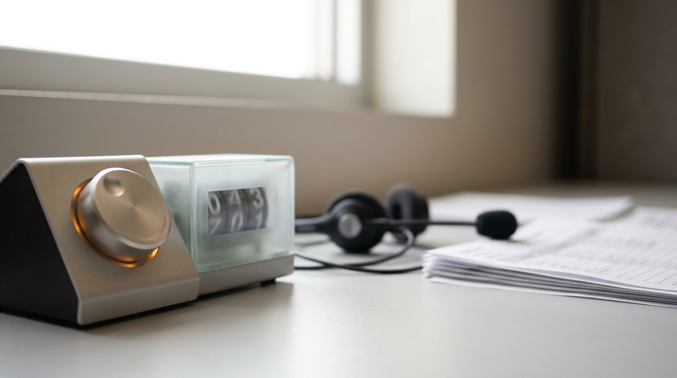 A workplace video-coding station with a call-center headset on the desk and a scrub-wheel timestamp counter mid-scrub.
