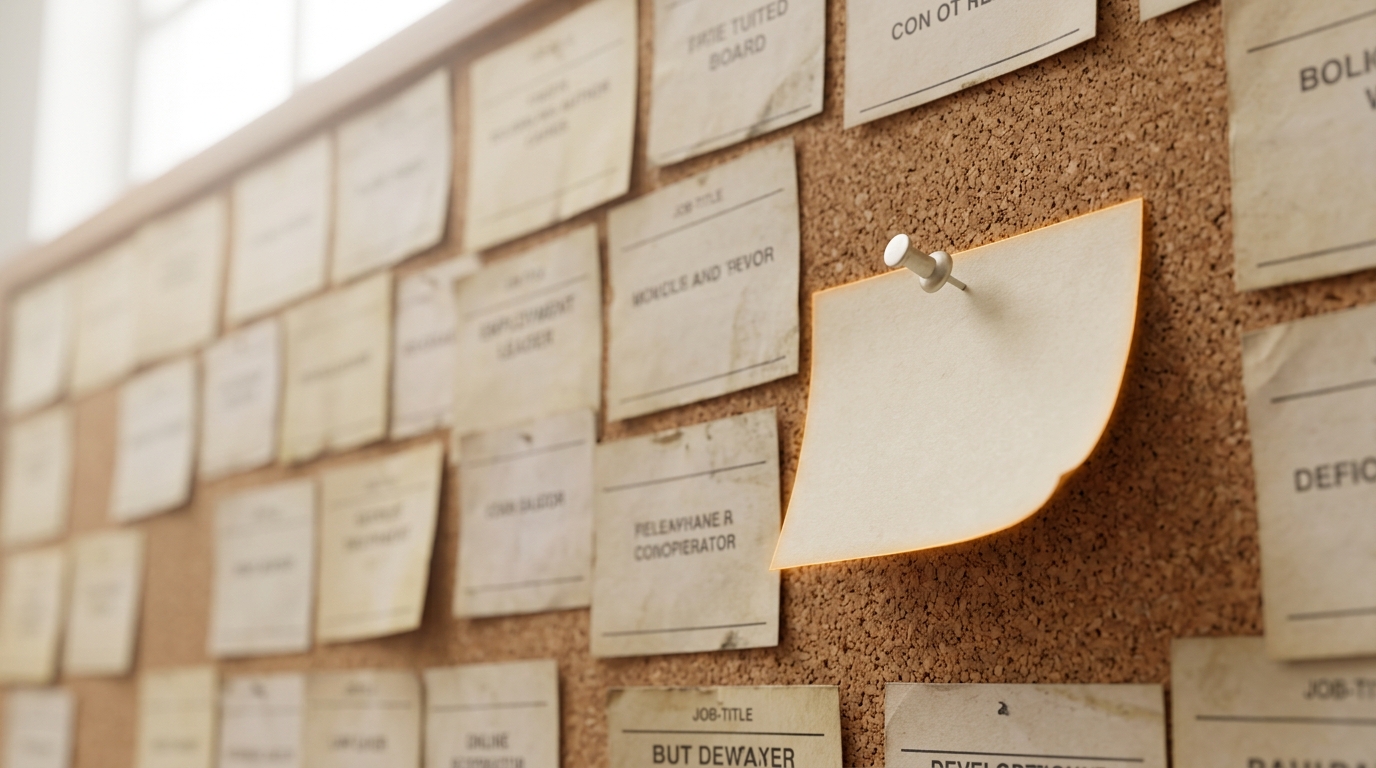 A corkboard of old and new job-title cards with a fresh, blank card being pinned up among the older ones.