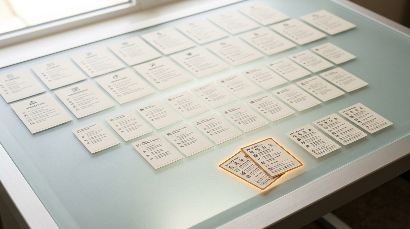 Rows of O*NET work-activity cards laid out on a light table, arranged from broad generalized activities down to specific detailed tasks.