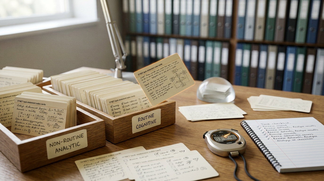 A researcher's desk mid-coding session with O*NET task cards half-sorted into routine and non-routine piles, a stopwatch still running.