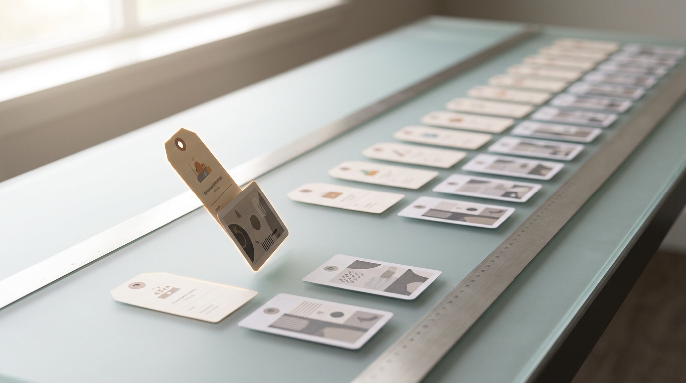 Two rows of pay-stub facsimiles and occupation tags laid out on a long table for a wage comparison, one tag still being placed.