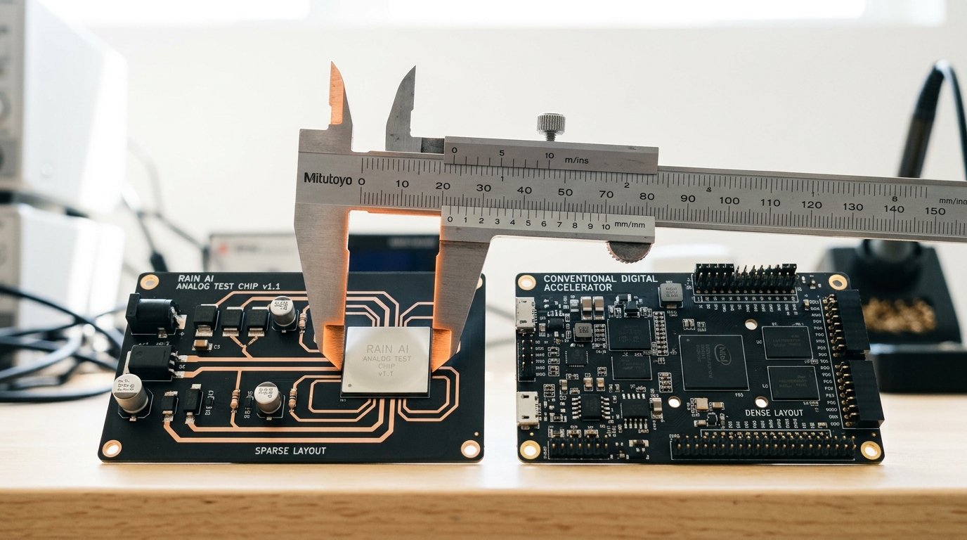A package cross-section sample on a bright bench showing an optical engine mounted directly beside a compute die on the same substrate, a measuring probe caught indicating the short distance between them