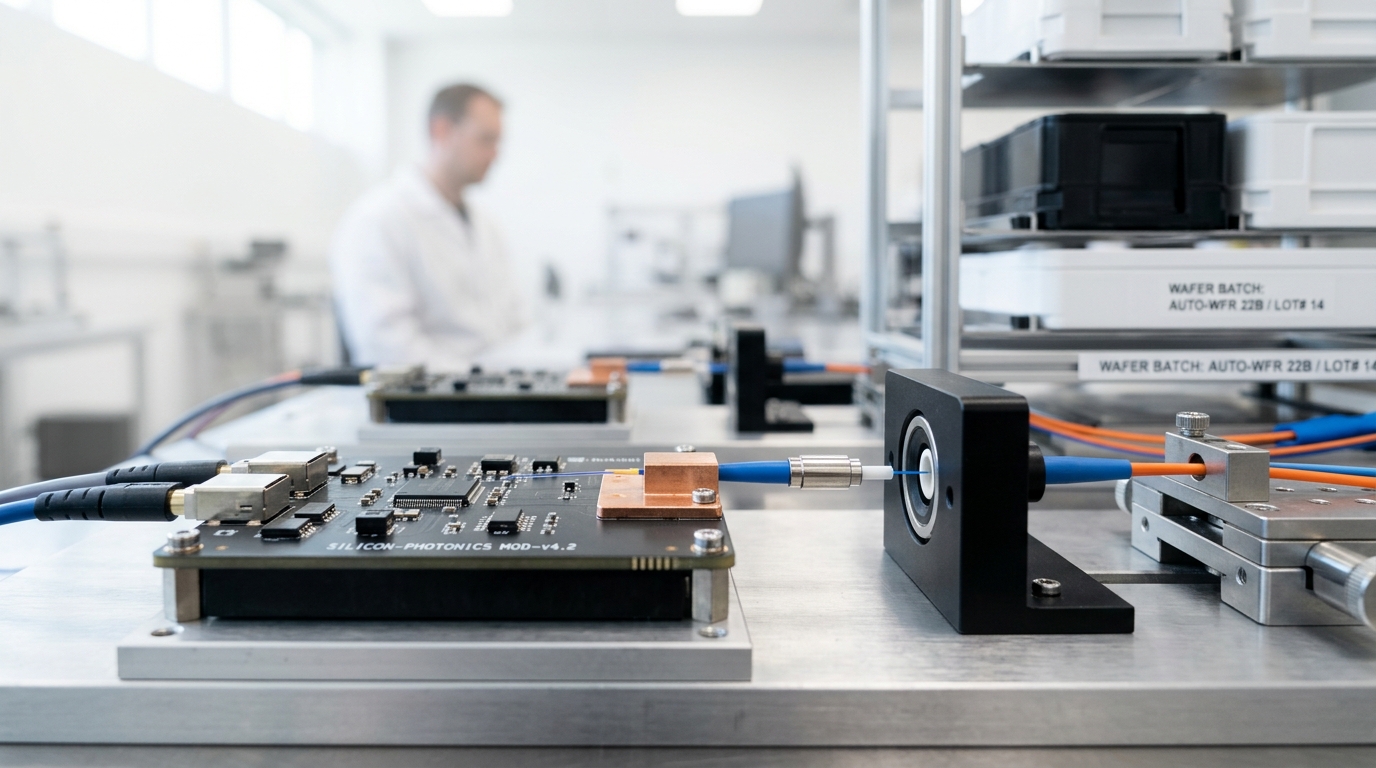 A silicon photonic chip on a bright test stage with a fibre array caught mid-alignment above it, the array's individual fibre tips not yet touching the chip's optical coupling points