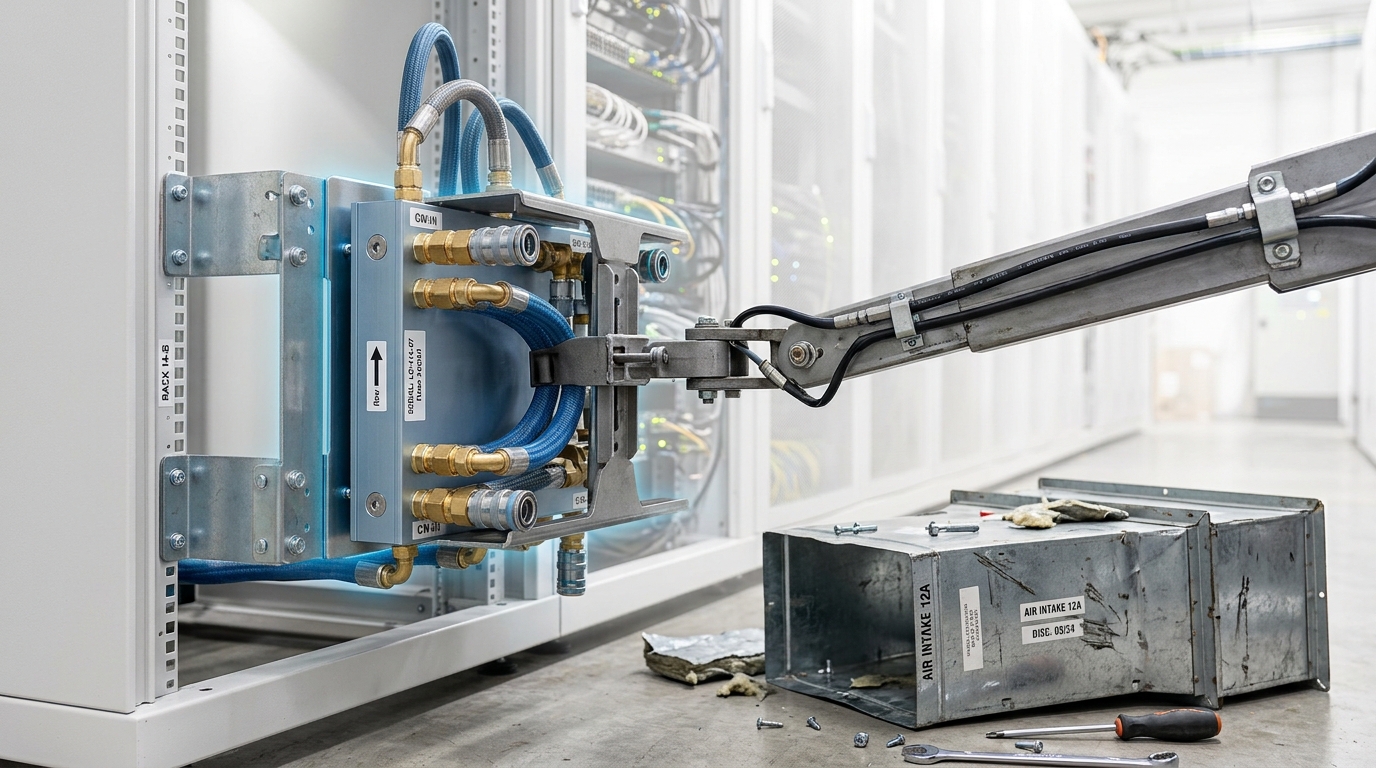 A liquid-cooling manifold caught being installed onto a rack row in a bright datacenter, still a few inches from its mounting brackets, with older air-cooling ductwork visible being removed nearby