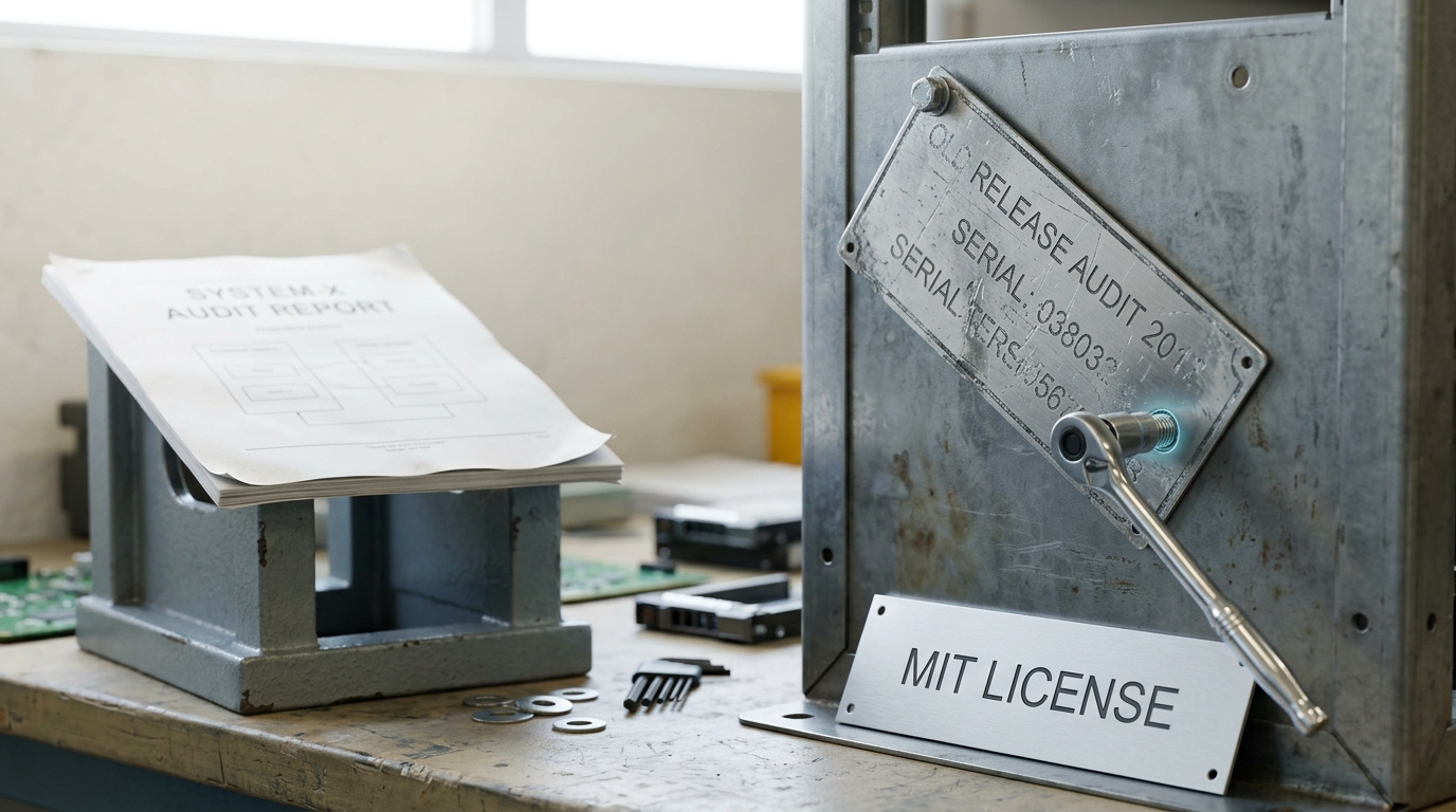 An old engraved plaque reading a custom licence name being unbolted from a rack face, one bolt still fastened, while a plain MIT LICENSE plaque waits beside it on the bench, a technical-report printout visible nearby