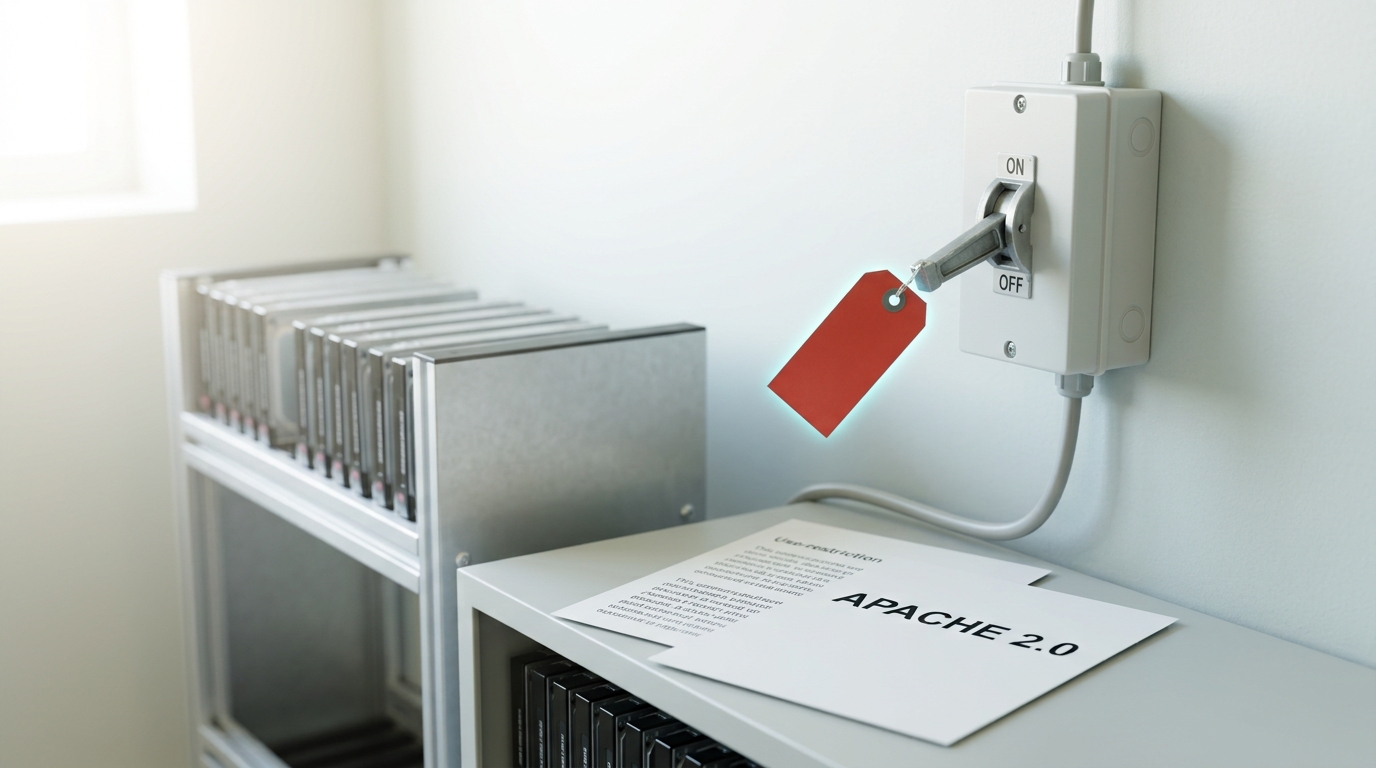 A wall-mounted red-tagged isolator switch with its cable running to a weights rack, the handle caught mid-throw, and two overlapping placards on the bench, an older Gemma Terms of Use excerpt half-covered by a newer Apache 2.0 sheet