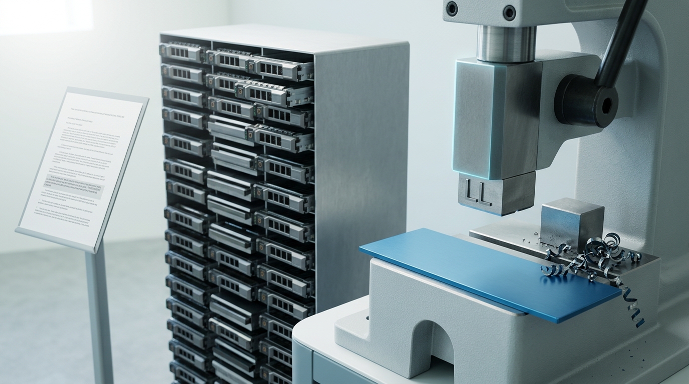 A bench-mounted stamping jig caught mid-stroke pressing the word LLAMA onto a blank metal nameplate, beside a fully stocked weights rack and a placard opened to a commercial-scale threshold clause
