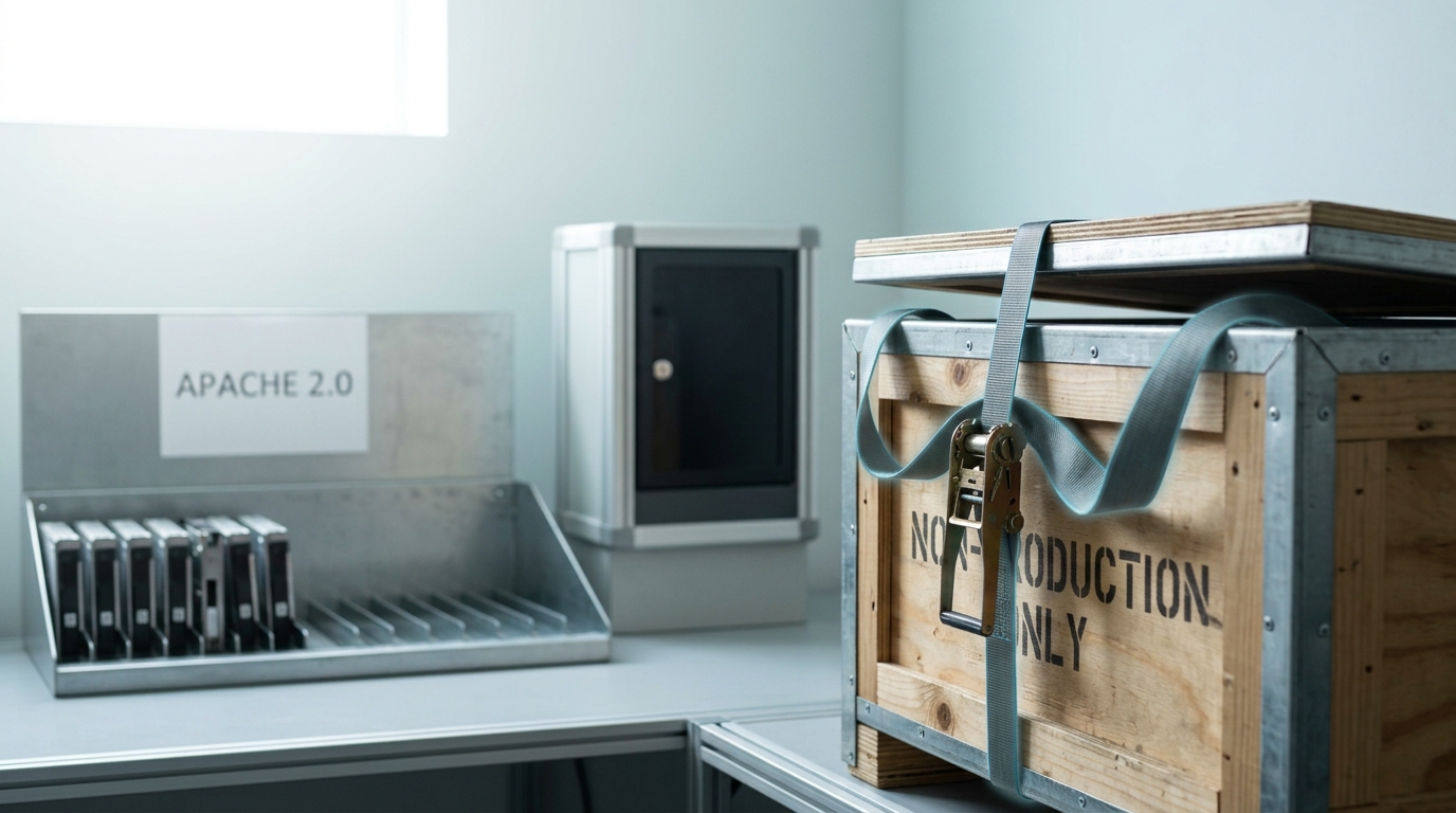 A courier crate half-strapped shut and stencilled NON-PRODUCTION ONLY beside an open weights rack under an Apache 2.0 placard, with a separate small locked terminal kiosk standing apart at the edge of the station