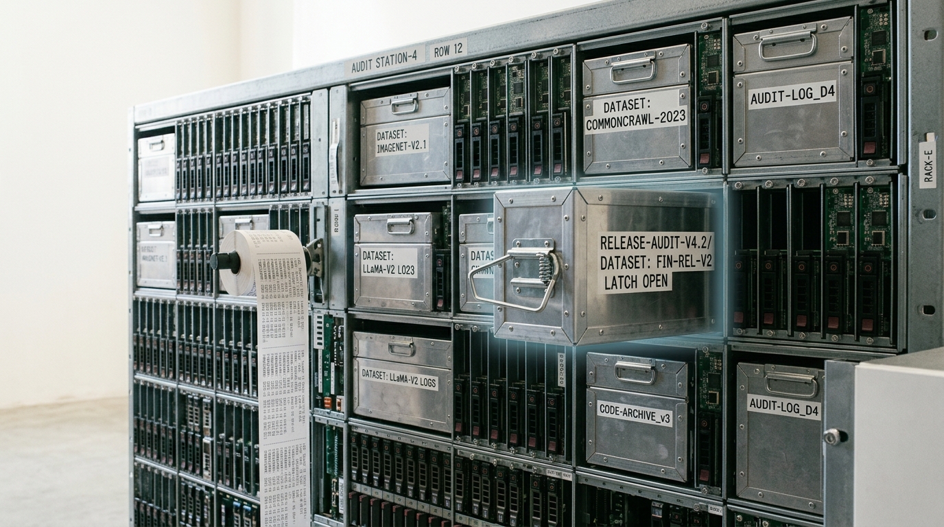 The only fully stocked station on the floor, a wide rack holding weights, several labelled data crates, a code archive drive, and a spool of training logs, with the final data crate caught sliding into its last empty slot