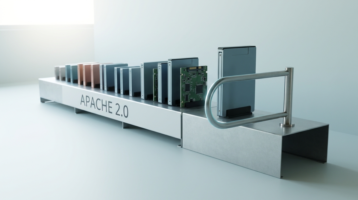 A size-graduated parts shelf of model-shard caddies from smallest to largest, most sitting behind a plain Apache 2.0 placard, the largest shard alone on a raised platform behind a small turnstile arm caught mid-swing shut