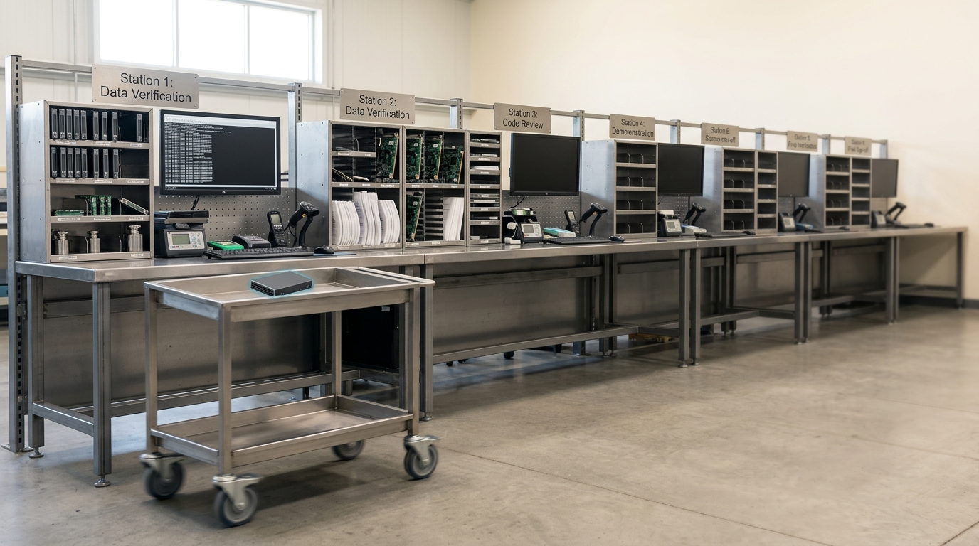 A wide view down a bright audit floor of six side-by-side model-release demonstration stations, each with its own placard and artefact rack, and an unattended equipment cart caught mid-transit between two of them