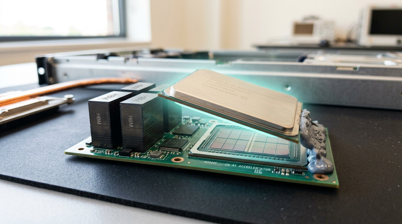 A processor package on a lab bench with its heat spreader caught part-way lifted clear, disclosing the die and the fine ordered banks of on-die cache, with tall HBM stacks crowding the substrate alongside
